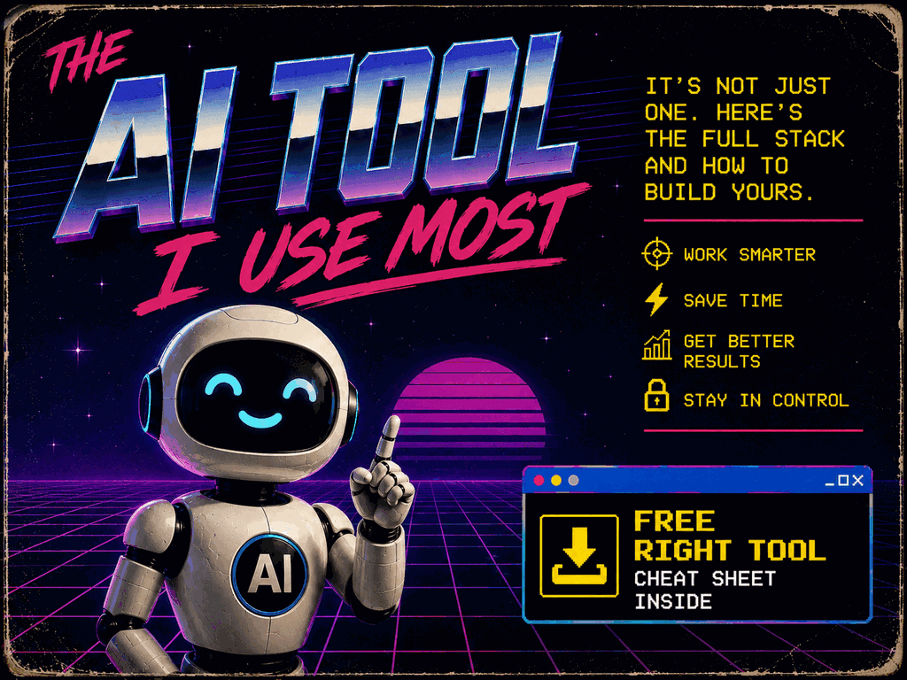 The AI Tool I Use Most — a retro synthwave illustration of a friendly robot and the six-tool AI stack