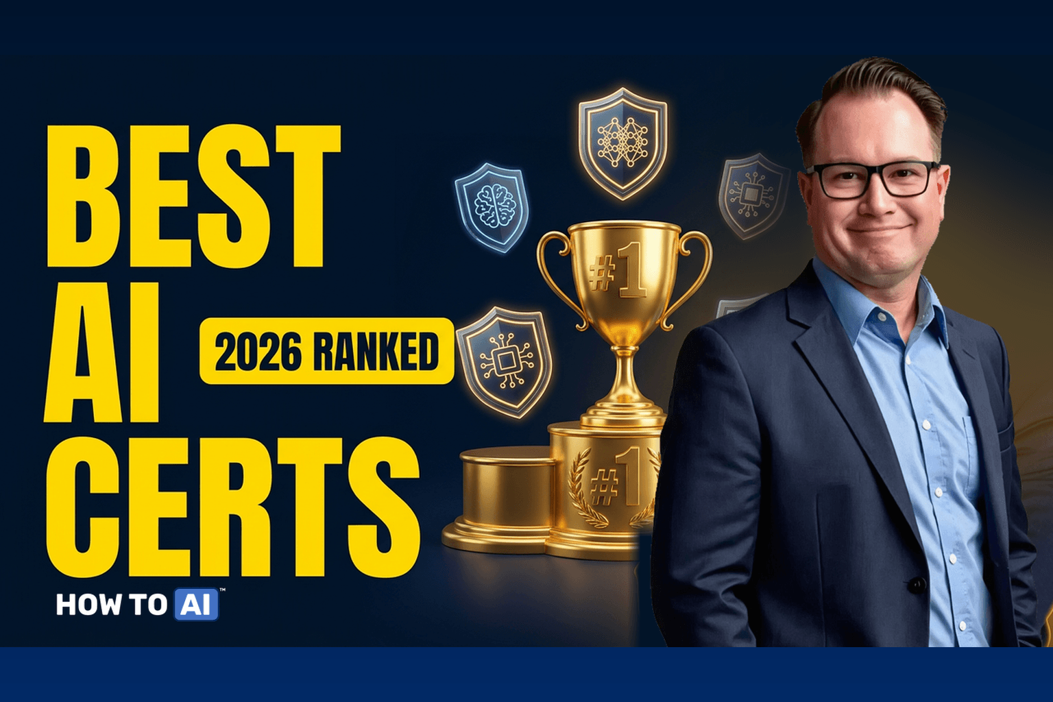 Best AI certs 2026 ranked — David Davis with a gold number one trophy and certification badges