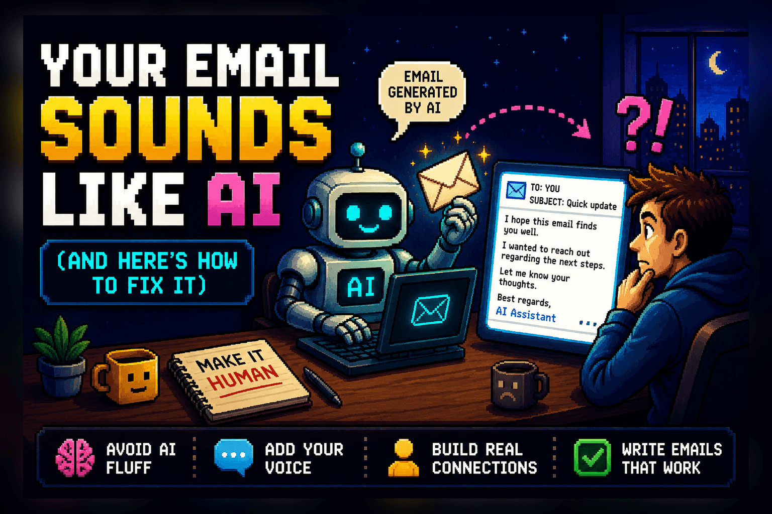 Pixel-art robot writing a generic AI email while a puzzled person reads it — Your Email Sounds Like AI