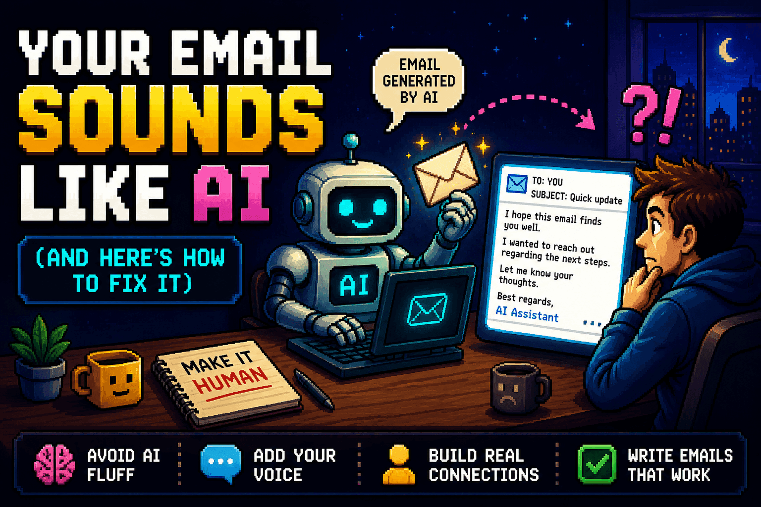 Pixel-art robot writing a generic AI email while a puzzled person reads it — Your Email Sounds Like AI