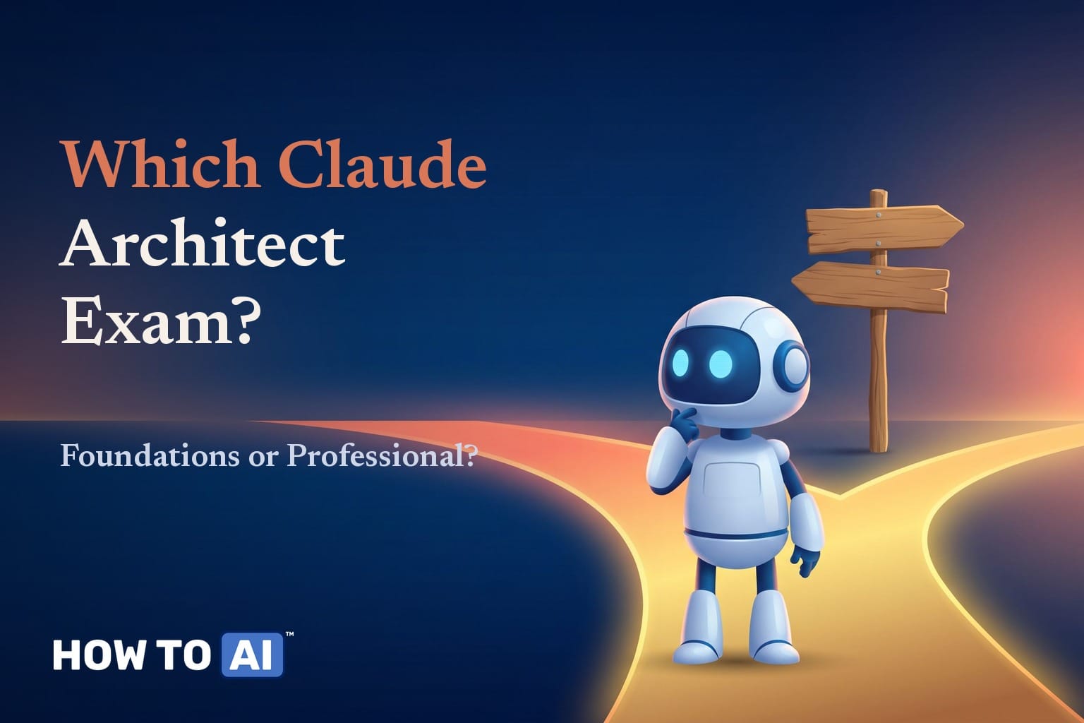 Claude Architect Exams Compared: CCAR-F vs CCAR-P Which Claude Architect exam — robot mascot at a fork in the road with a signpost