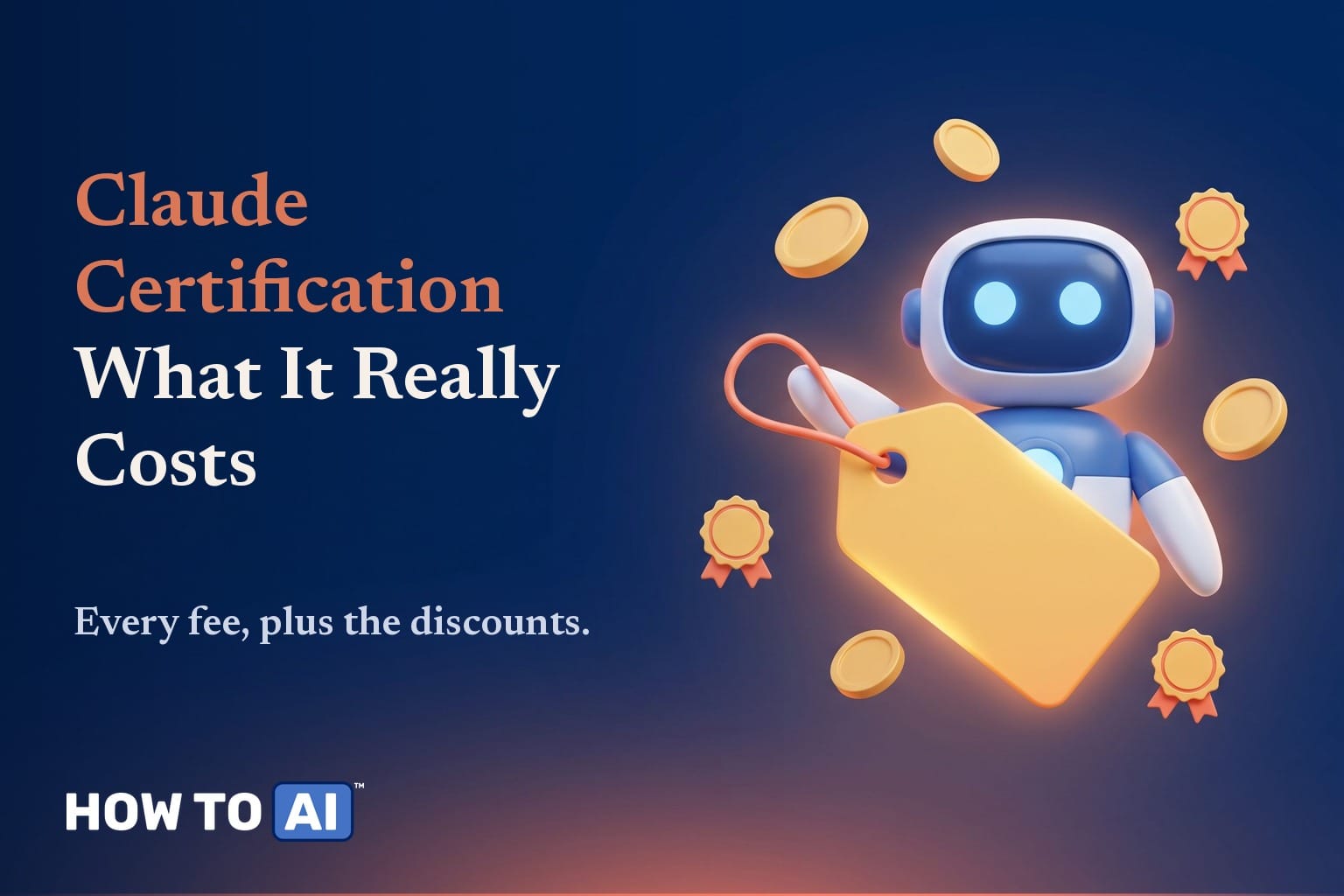 Claude Certification what it really costs — robot mascot with a gold price tag and coins