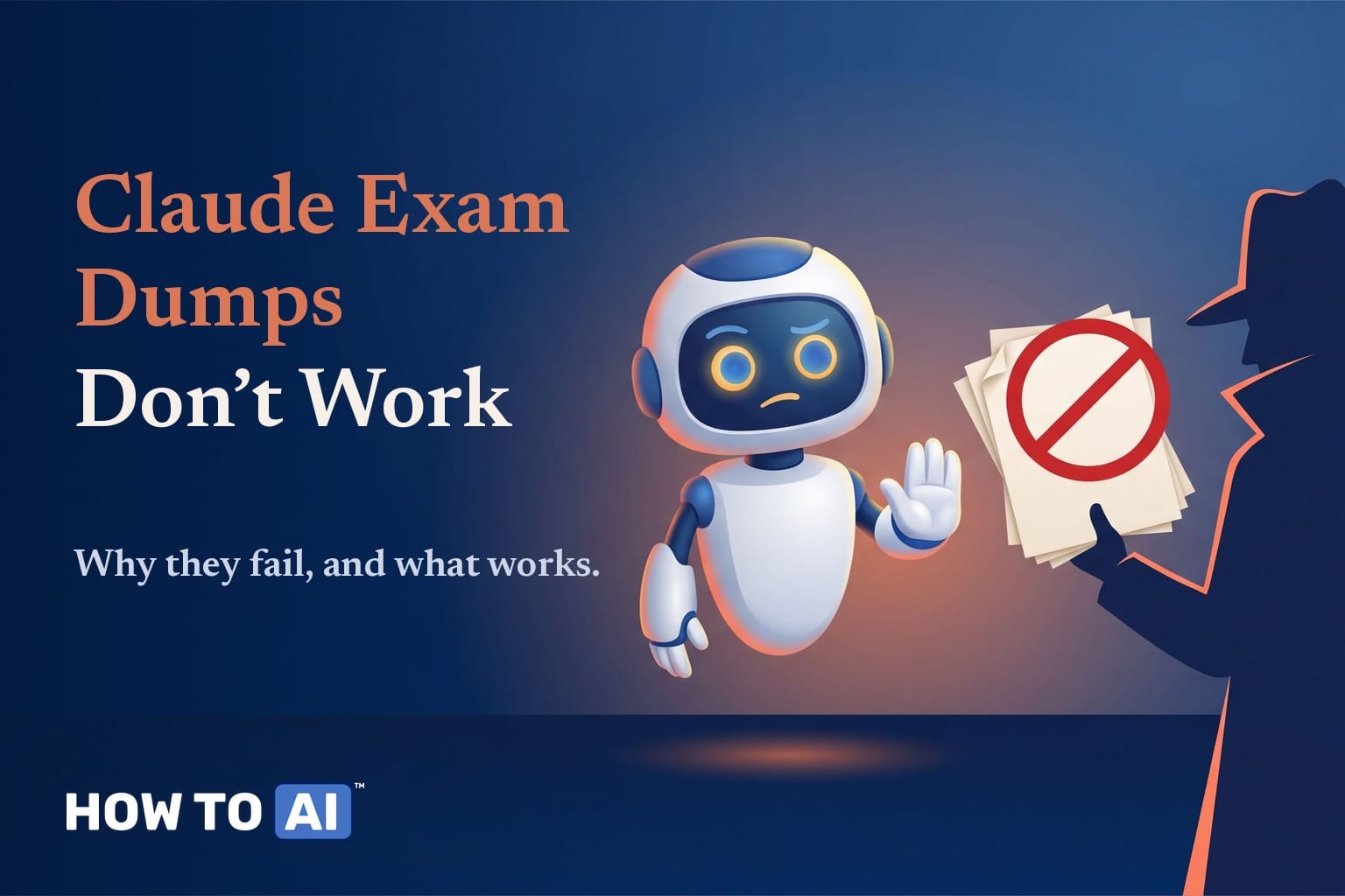 Claude Certification Dumps: Why You Do Not Need Them Claude exam dumps do not work — robot mascot refusing a stack of leaked papers from a shady figure