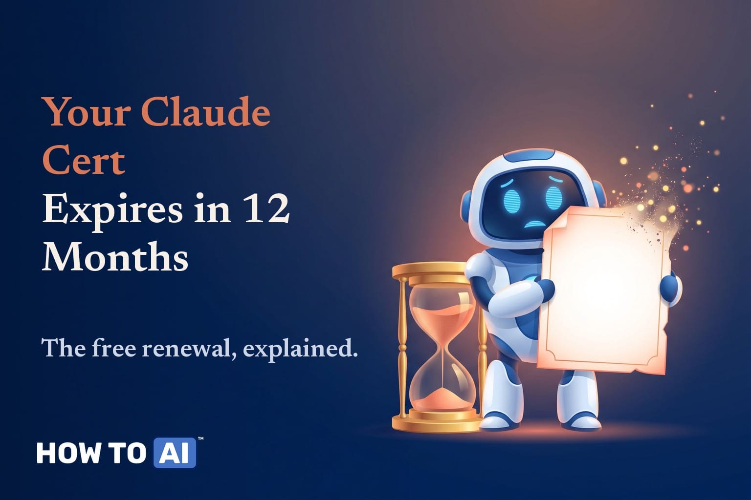 Claude Certification Expires in 12 Months. Here Is the Free Renewal. Your Claude cert expires in 12 months — robot mascot with a dissolving certificate and an hourglass