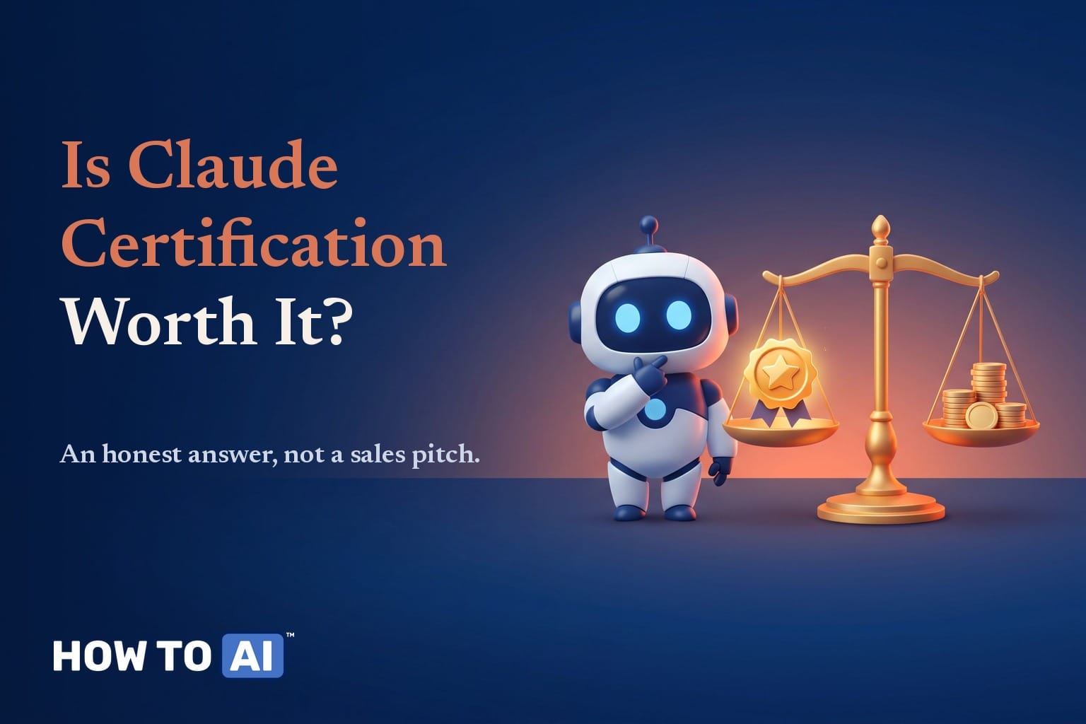 Is the Claude Certification Worth It? The Honest Answer Nobody Publishes Is Claude Certification worth it — robot mascot beside a balance scale weighing a badge against coins