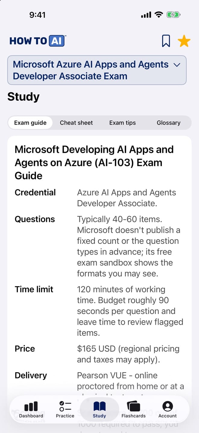 AI-103 Study Guide & Cheat Sheet (Azure AI Apps & Agents Developer) The AI-103 study guide open in the HOW TO // AI CERT app on iPhone