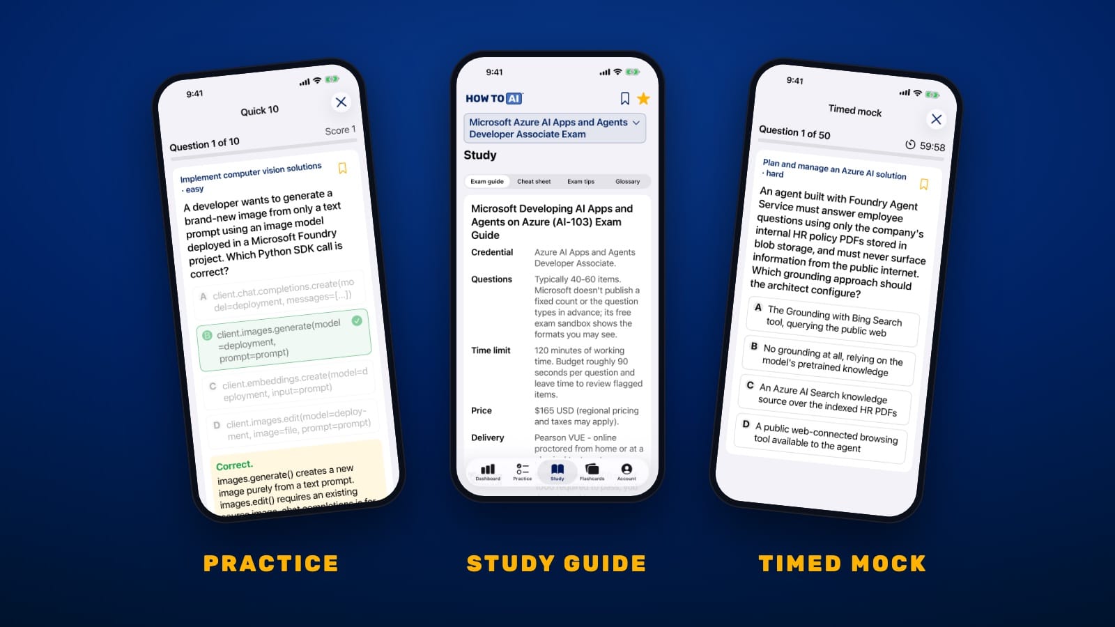 HOW TO // AI CERT on iPhone showing a AI-103 practice question, the study guide, and a timed mock exam