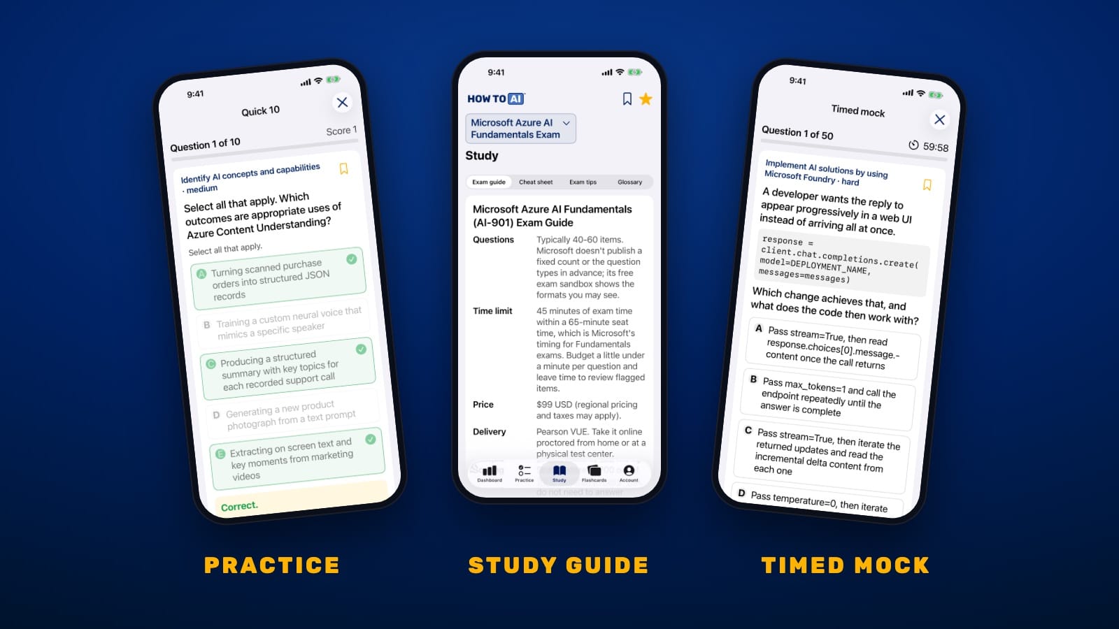 Azure AI Fundamentals Practice Questions HOW TO // AI CERT on iPhone showing a Azure AI Fundamentals (AI-901) practice question, the study guide, and a timed mock exam