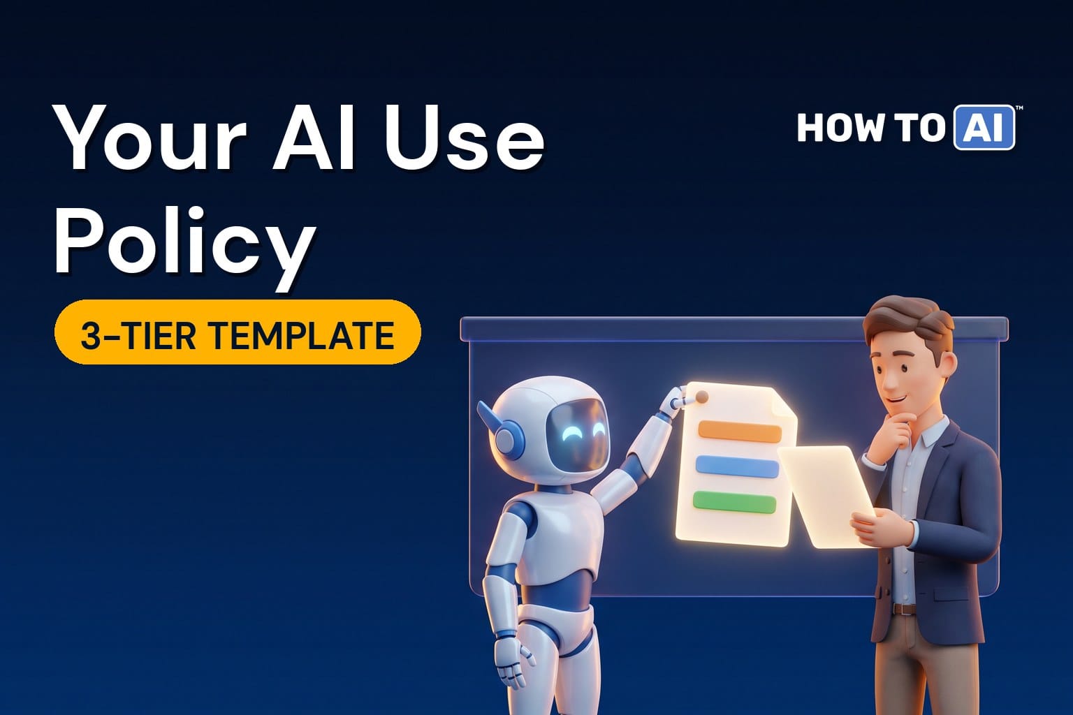 A friendly robot assistant pinning a blank glowing document with three colored bands onto a board while a young man employee reads it and nods