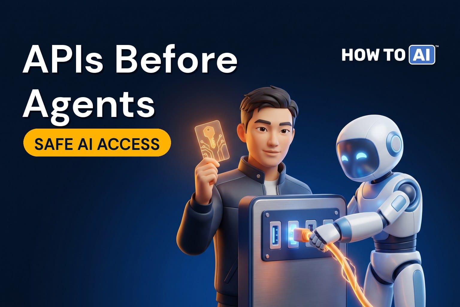 A friendly robot assistant plugging a glowing cable into one port of a sleek connector panel while an East Asian male engineer holds up a glowing key