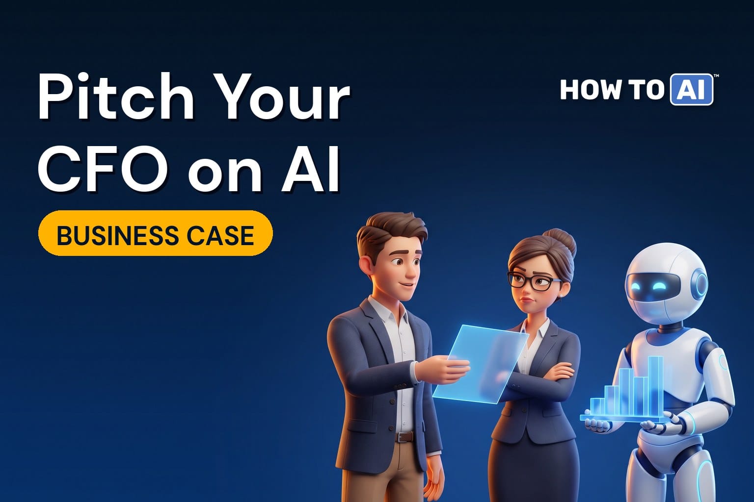 A young IT director presenting a single glowing sheet to a skeptical older CFO wearing glasses, a friendly robot assistant standing by holding a