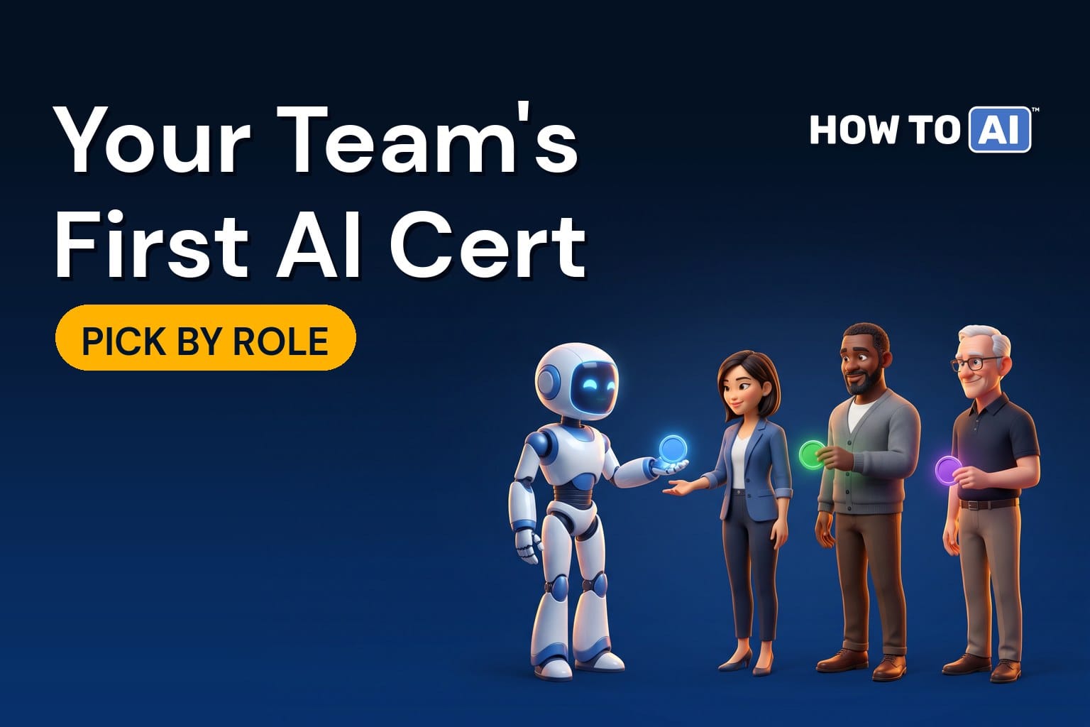 A friendly robot assistant handing glowing blank medallions to a line of three IT staff of different ages and ethnicities, each medallion a different