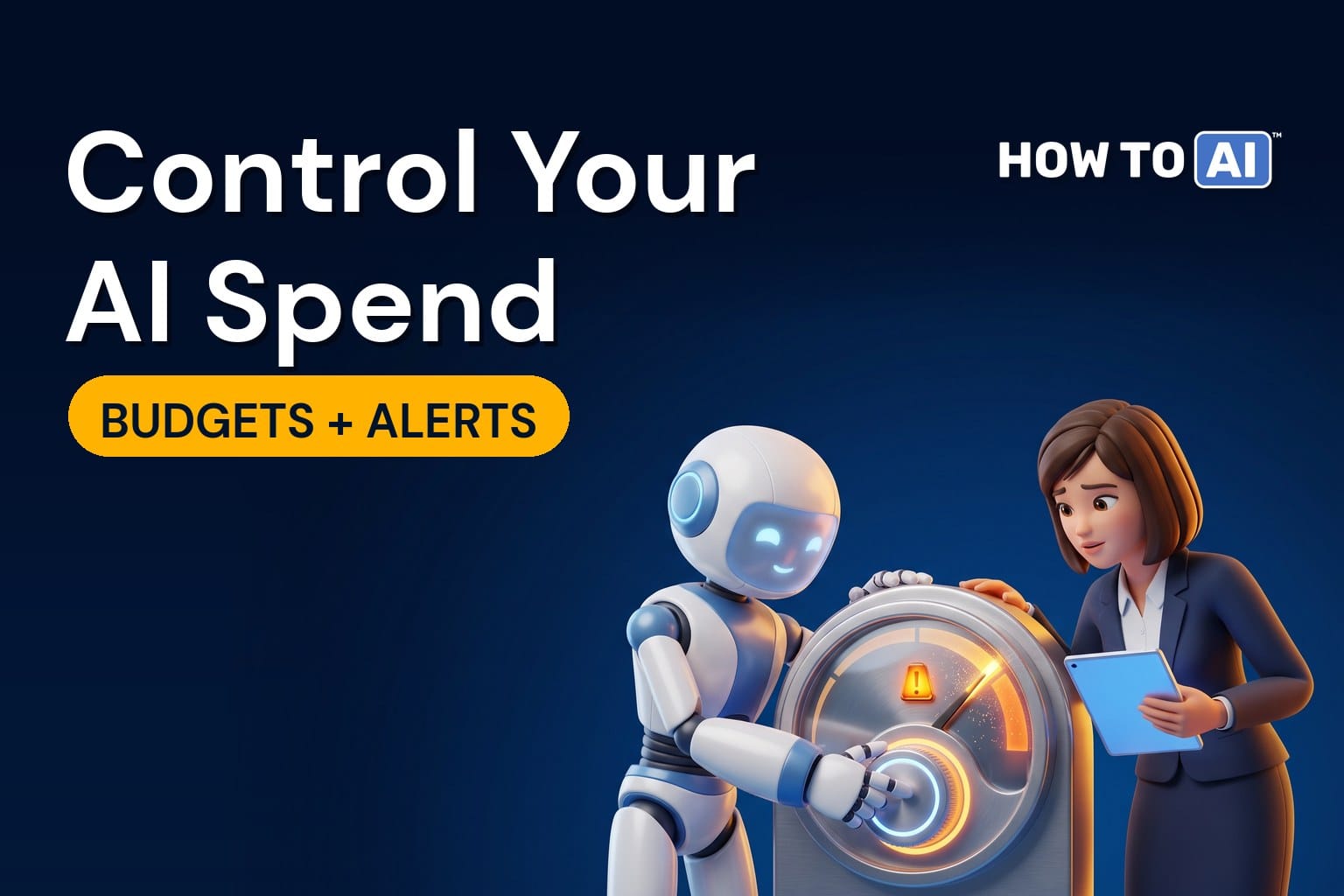 A woman finance lead and a friendly robot assistant watching a large glowing dial gauge with an amber warning light, a friendly robot assistant