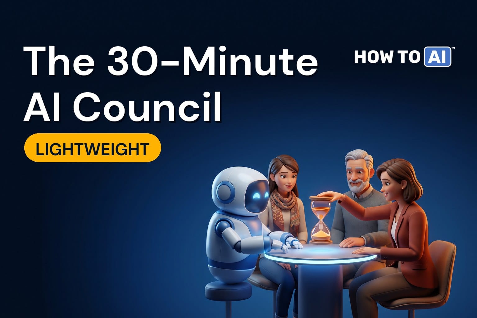 Three people of different ages and backgrounds seated with a friendly robot assistant around a small round glowing table, one woman turning over a