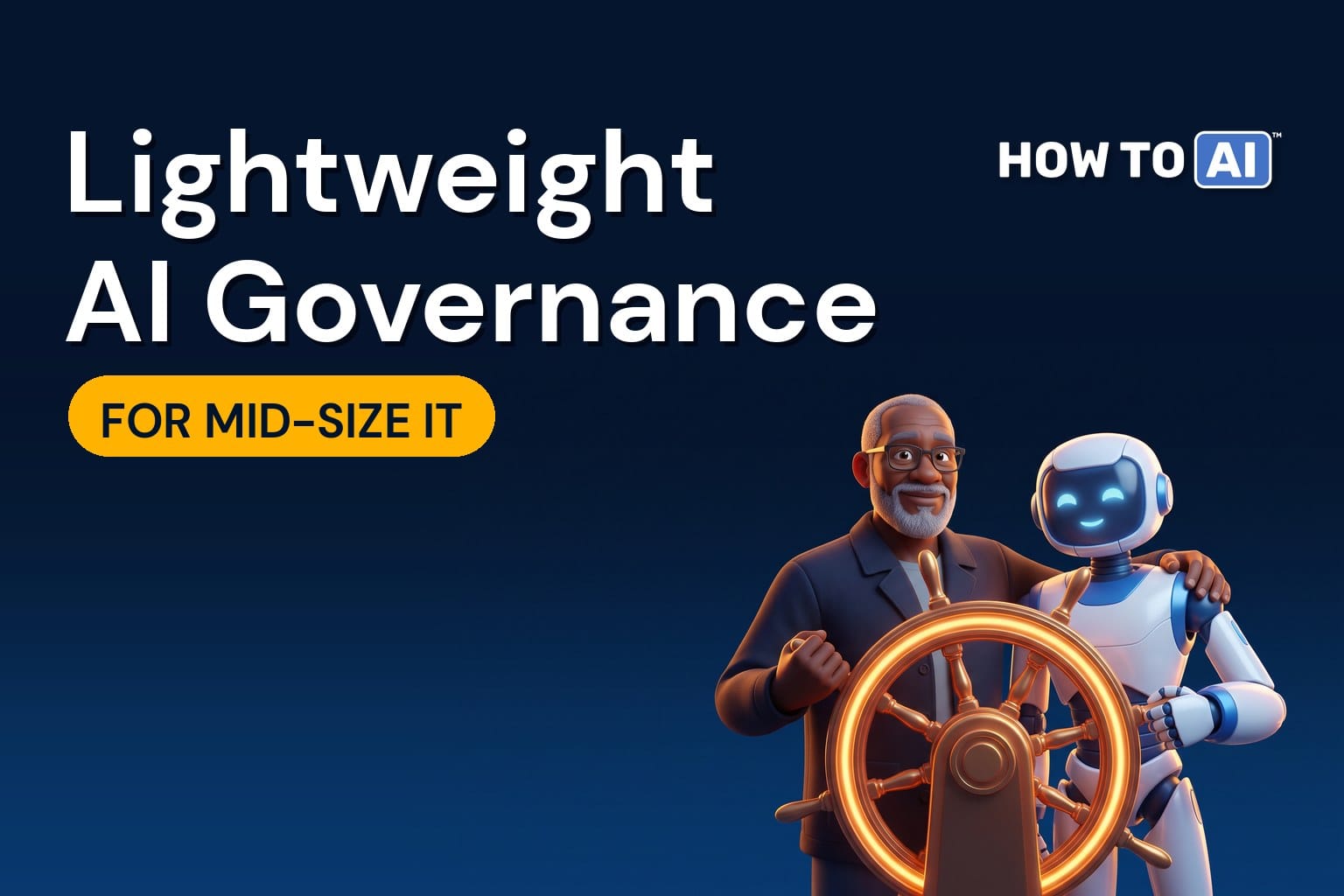An older Black man director and a friendly robot assistant steering a glowing ship's wheel together