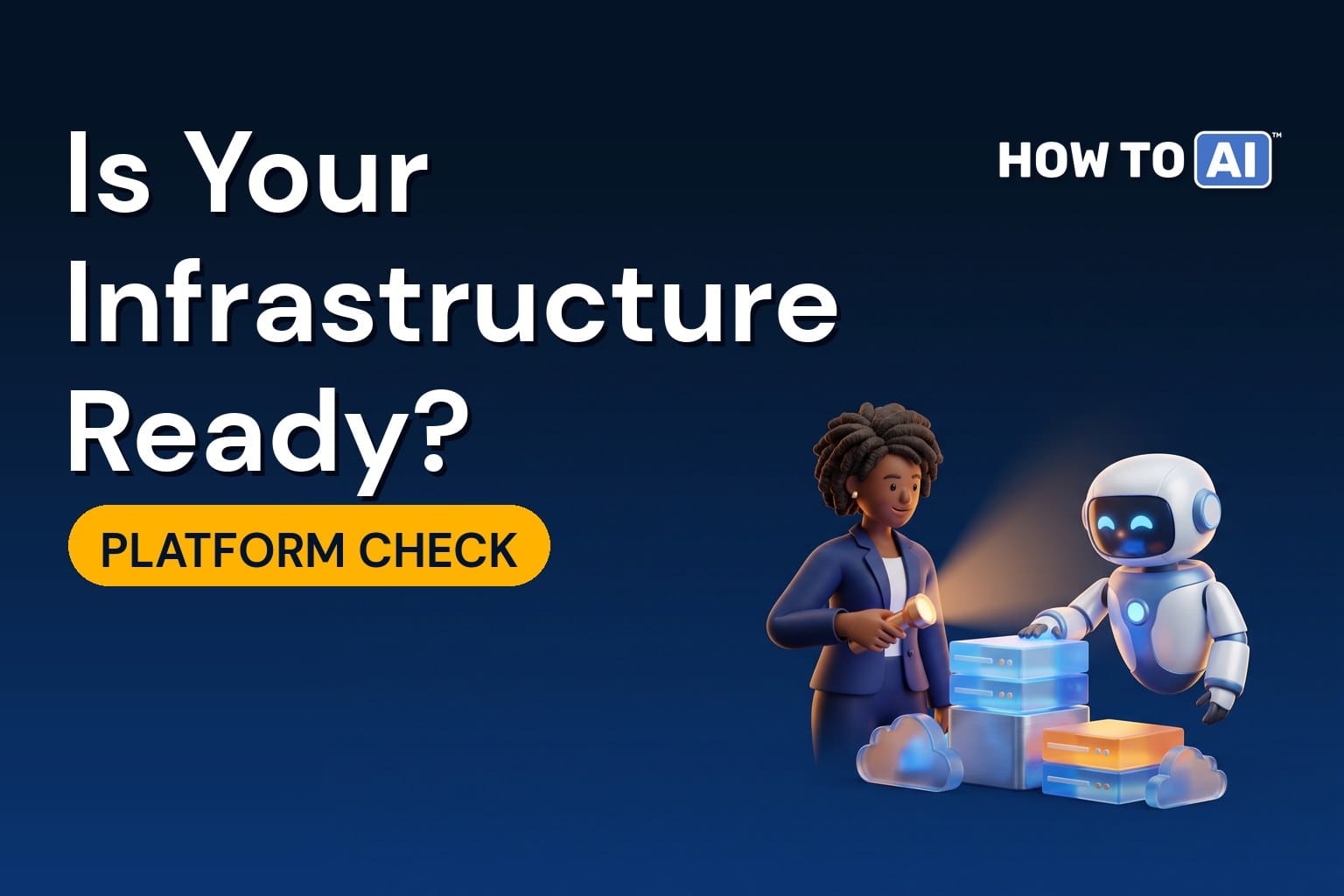 A Black woman engineer and a friendly robot assistant inspecting glowing server blocks and small cloud shapes with a flashlight