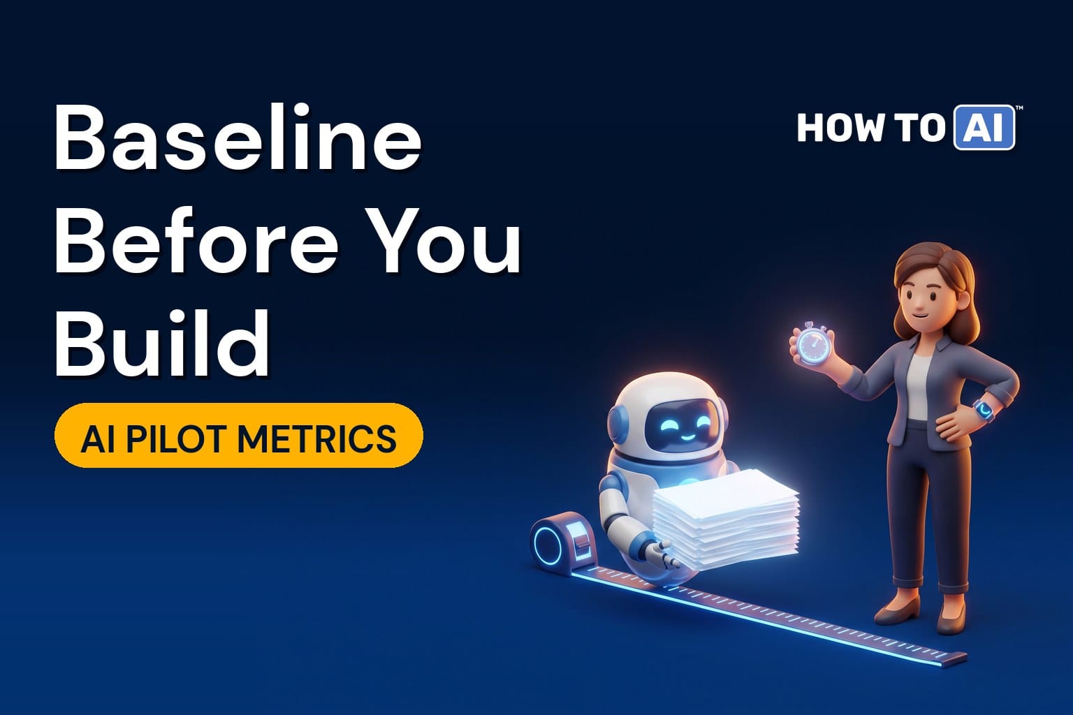 A woman holding a glowing stopwatch timing a friendly robot assistant as it carries a stack of papers along a glowing measuring tape laid on the floor