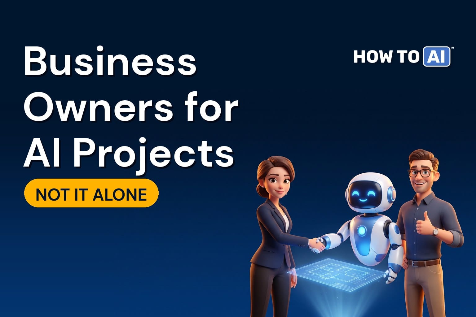 A confident businesswoman in a blazer shaking hands with a friendly robot assistant over a glowing blueprint while a man from IT beside them gives a