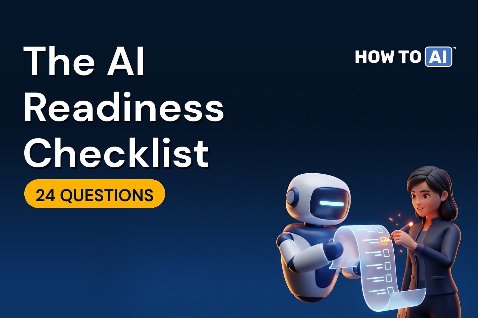 A friendly robot assistant holding open a long glowing scroll lined with empty checkbox shapes while a woman ticks boxes with a glowing pen