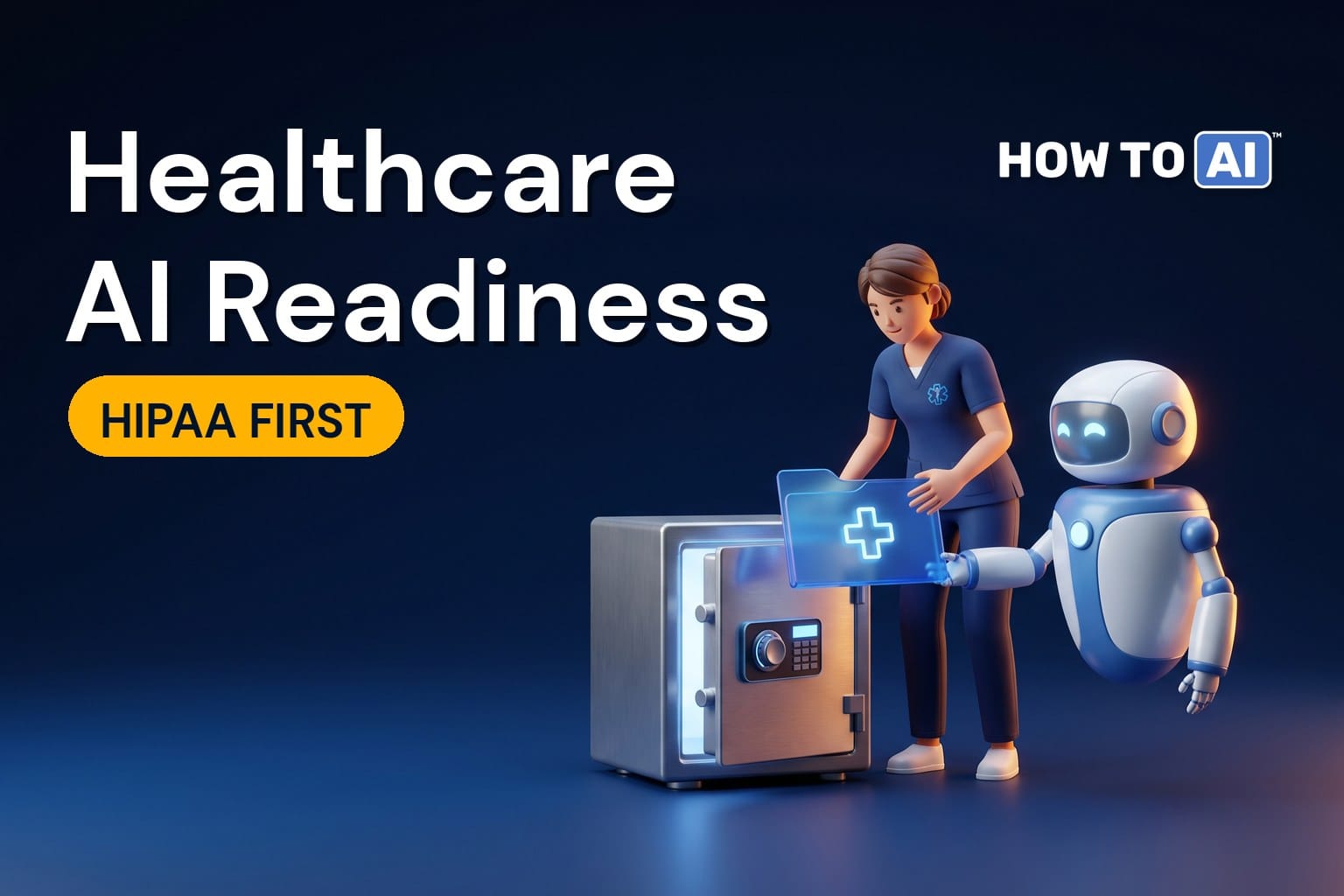 A nurse in scrubs and a friendly robot assistant carefully placing a glowing folder marked with a simple medical cross into a glowing locked safe