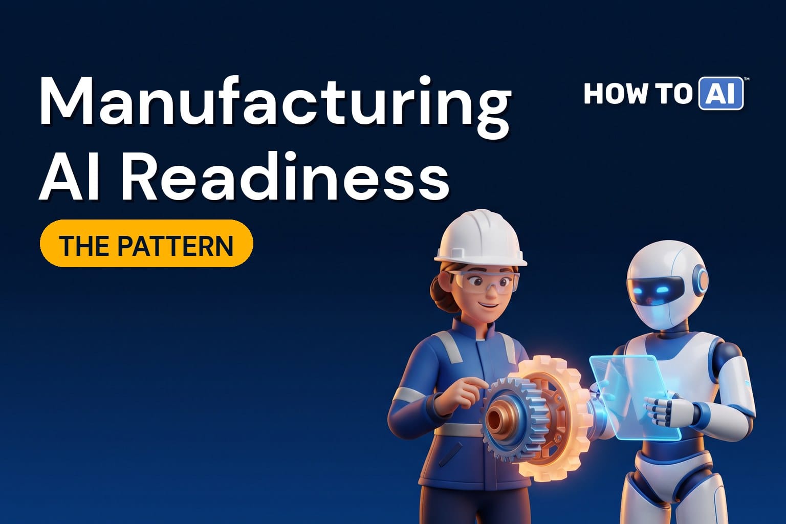 A factory engineer in a hard hat and safety glasses and a friendly robot assistant examining a glowing gear assembly, a friendly robot assistant