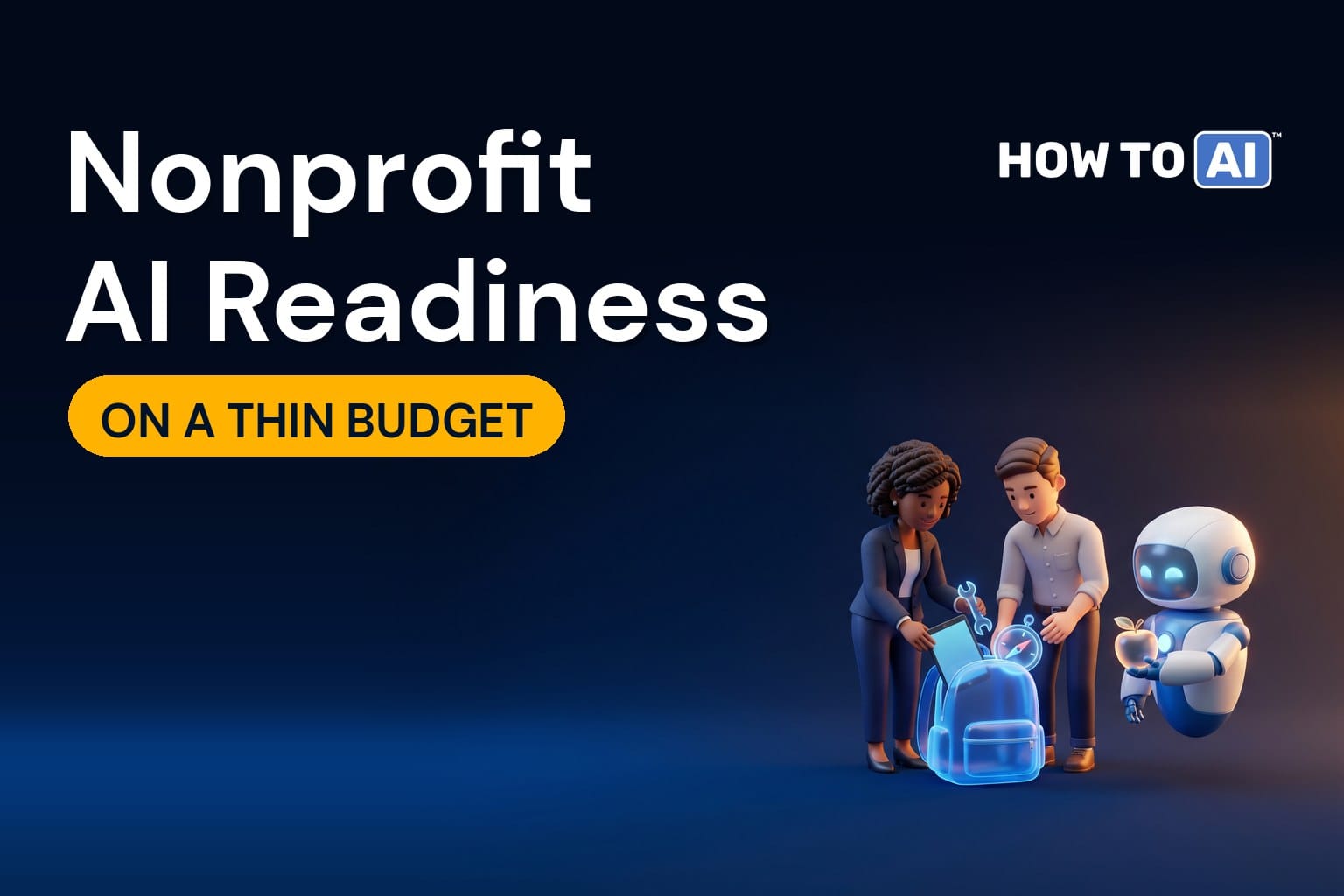 A teacher and a volunteer with a friendly robot assistant carefully packing a small glowing backpack with a few chosen tools, a glowing apple on top