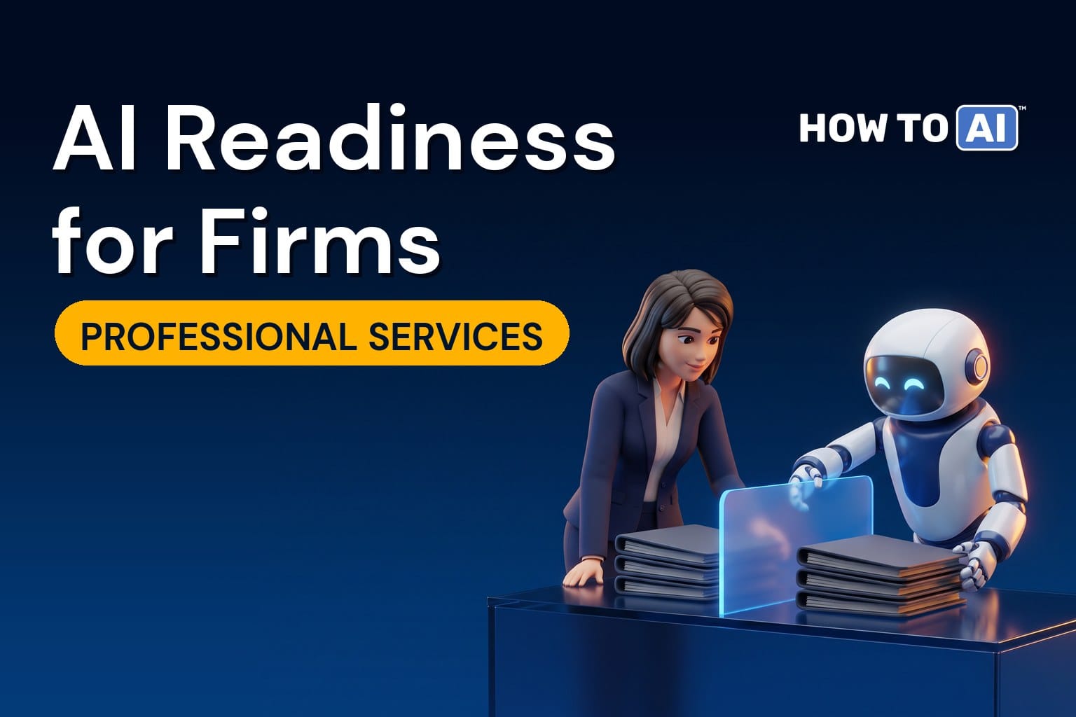 A woman professional in a blazer and a friendly robot assistant placing a glowing translucent divider panel between two neat stacks of client folders