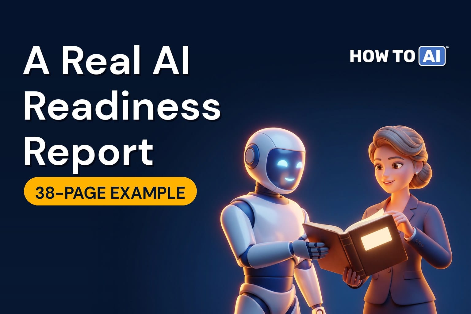 A friendly robot assistant presenting a thick closed glowing bound report with a blank cover to a woman executive who is opening it
