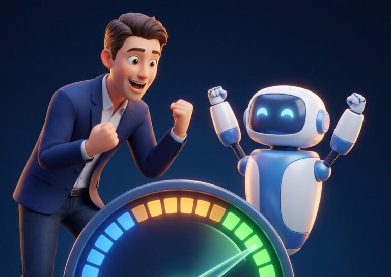 Home An amazed, excited IT leader and a cheering robot assistant watching a readiness gauge swing into the green