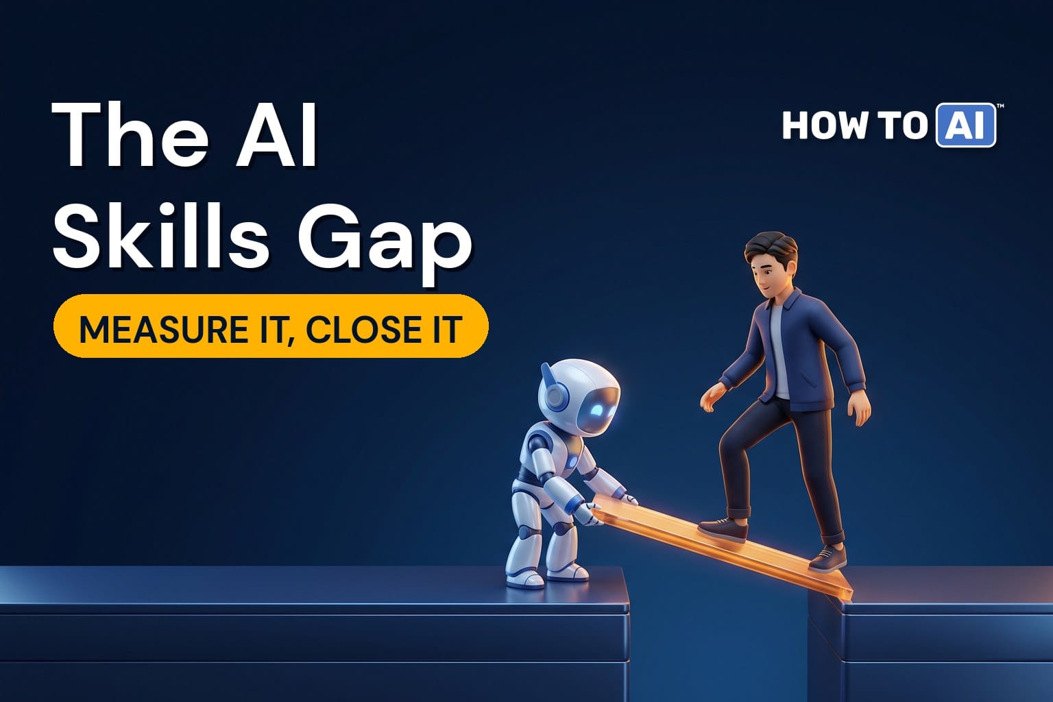 A friendly robot assistant laying a glowing plank across a gap between two platforms as a young East Asian man IT worker steps confidently across it