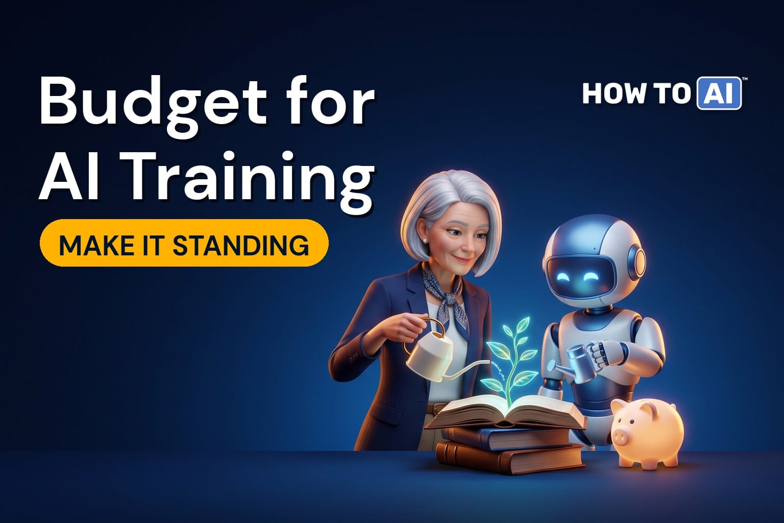 An older woman IT director and a friendly robot assistant watering a small glowing plant growing out of a stack of books, with a small glowing piggy