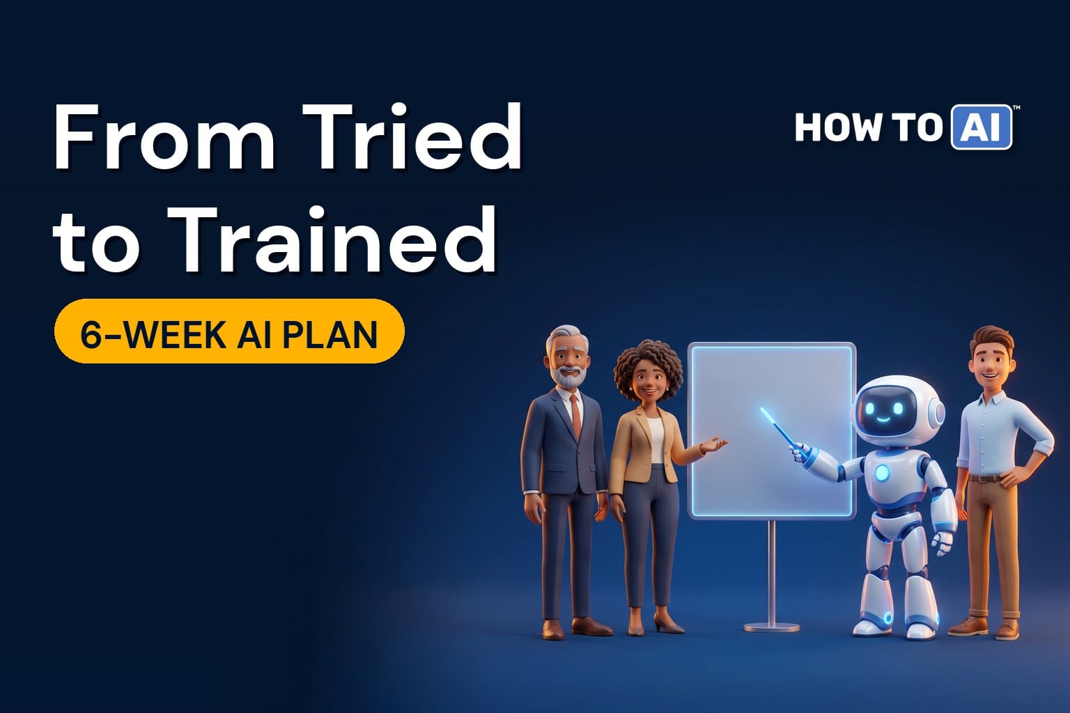 Three IT team members of different ages and backgrounds gathered around a friendly robot assistant, which is coaching them with a glowing pointer at