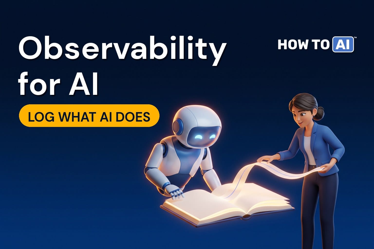 A friendly robot assistant writing into a large glowing open logbook with blank pages while a Southeast Asian woman engineer follows a glowing