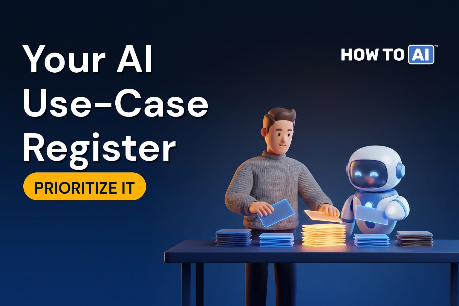A man in a sweater and a friendly robot assistant sorting blank glowing cards across a table into neat piles, the most important pile glowing amber