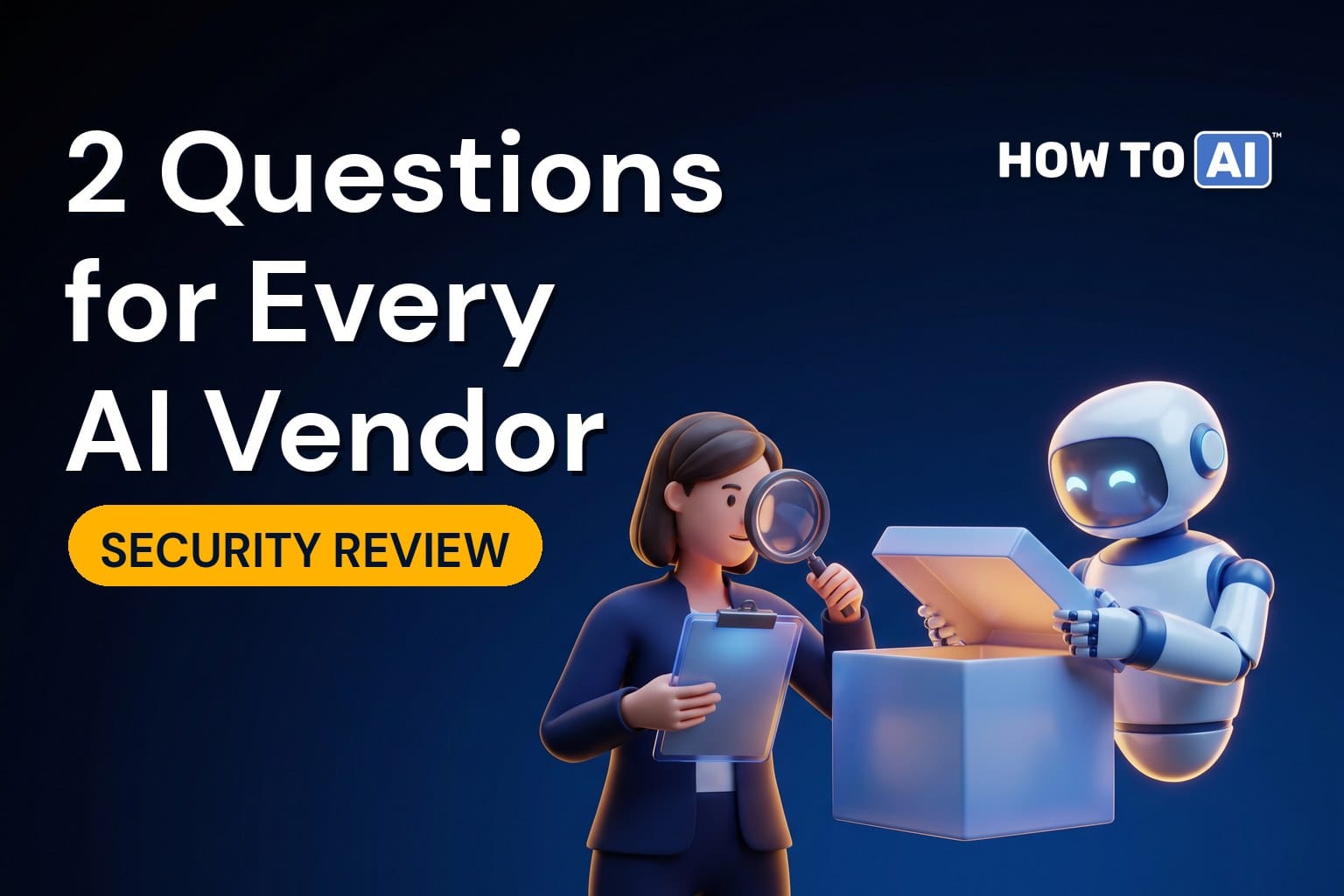 A woman reviewer holding a glowing clipboard examining a sealed glowing box through a magnifying glass while a friendly robot assistant lifts the