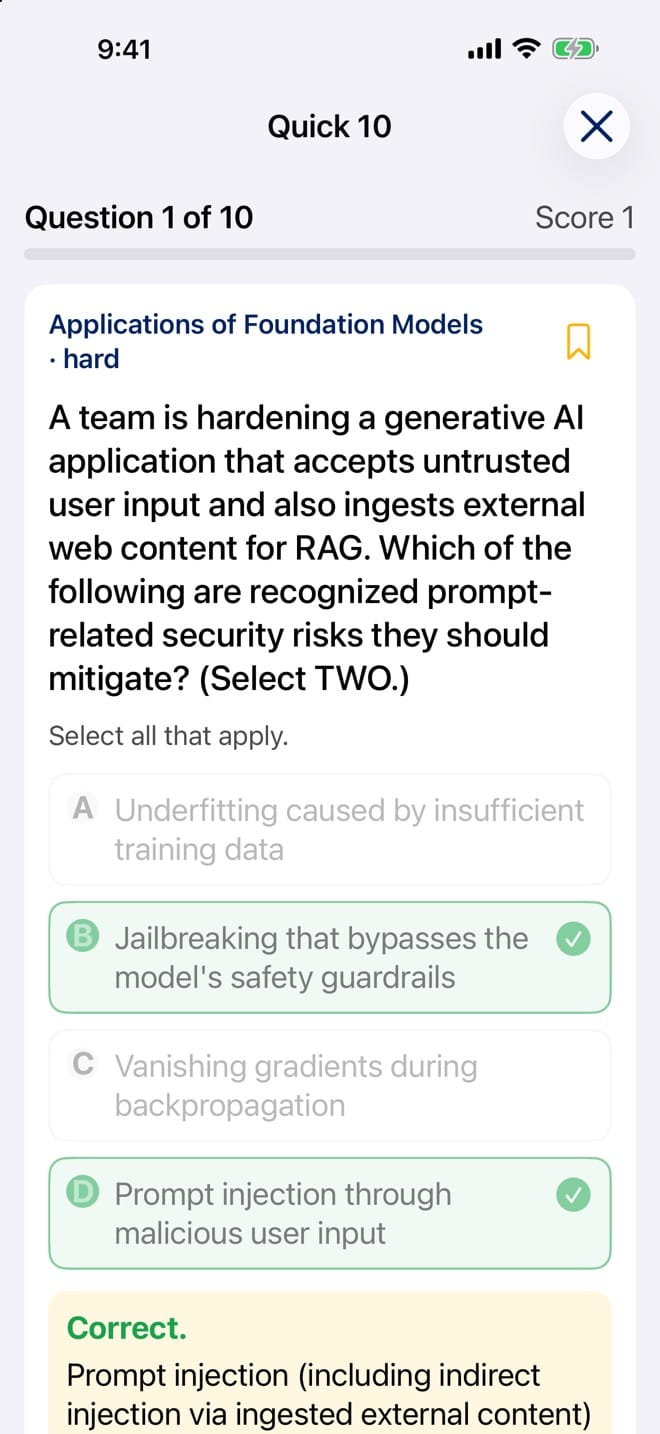 A graded AWS AI Practitioner practice question in HOW TO // AI CERT, with the correct answer and a plain-English explanation