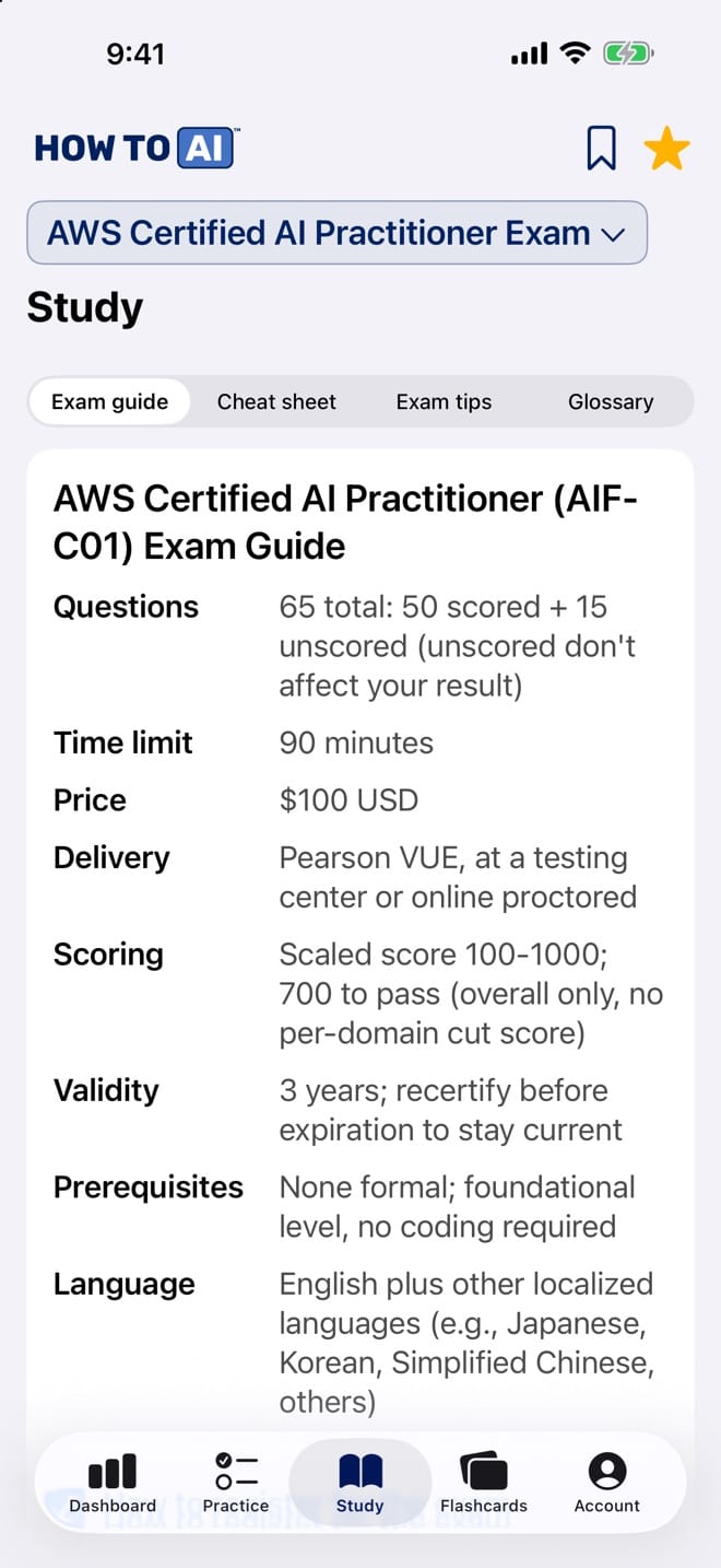 The AWS AI Practitioner (AIF-C01) study guide open in the HOW TO // AI CERT app on iPhone