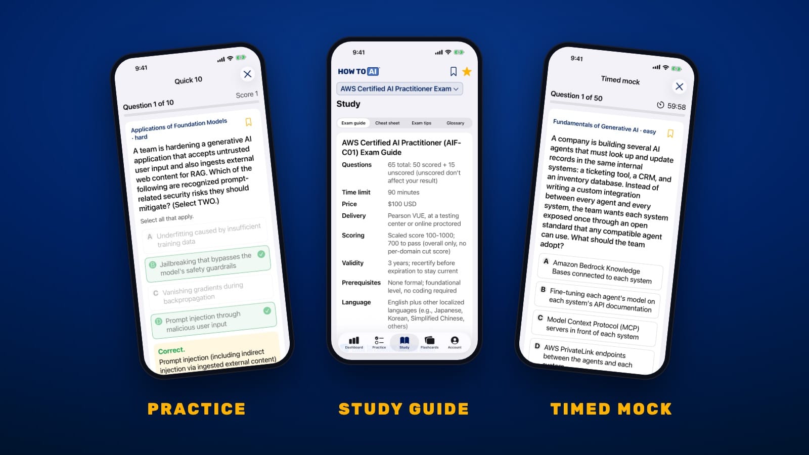 AWS AI Practitioner Practice Questions HOW TO // AI CERT on iPhone showing a AWS AI Practitioner (AIF-C01) practice question, the study guide, and a timed mock exam