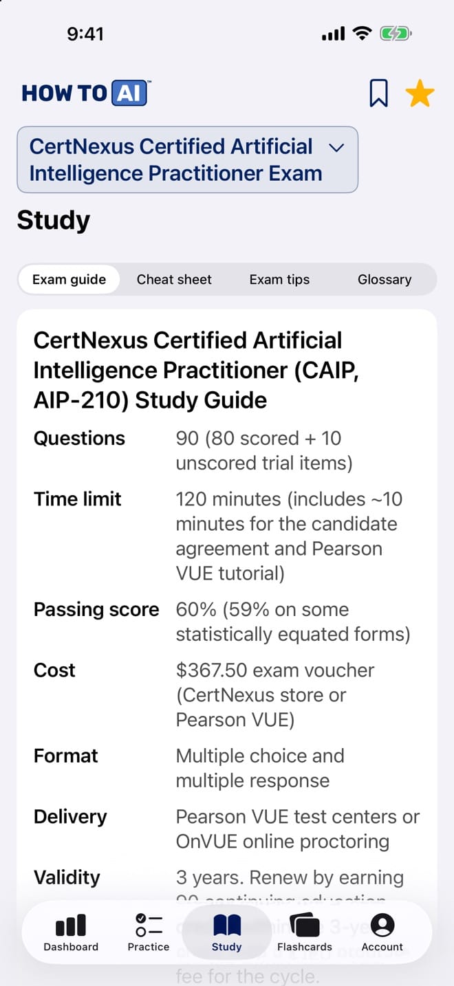 AIP-210 (CertNexus CAIP) Study Guide & Cheat Sheet The CertNexus AIP-210 study guide open in the HOW TO // AI CERT app on iPhone