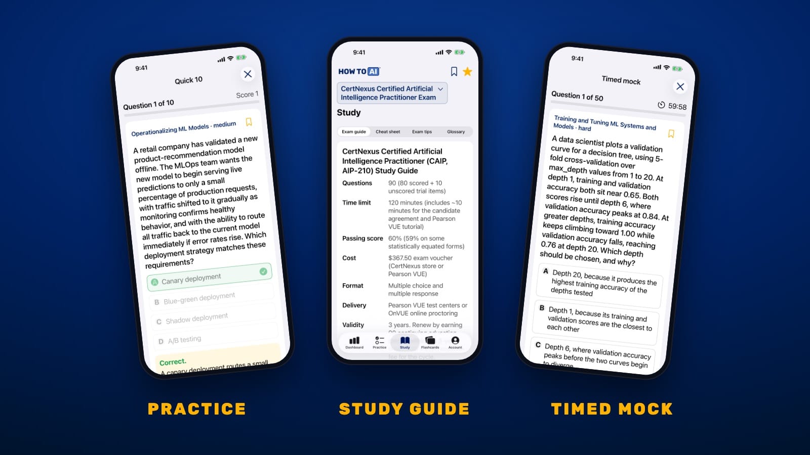 HOW TO // AI CERT on iPhone showing a CertNexus AIP-210 practice question, the study guide, and a timed mock exam