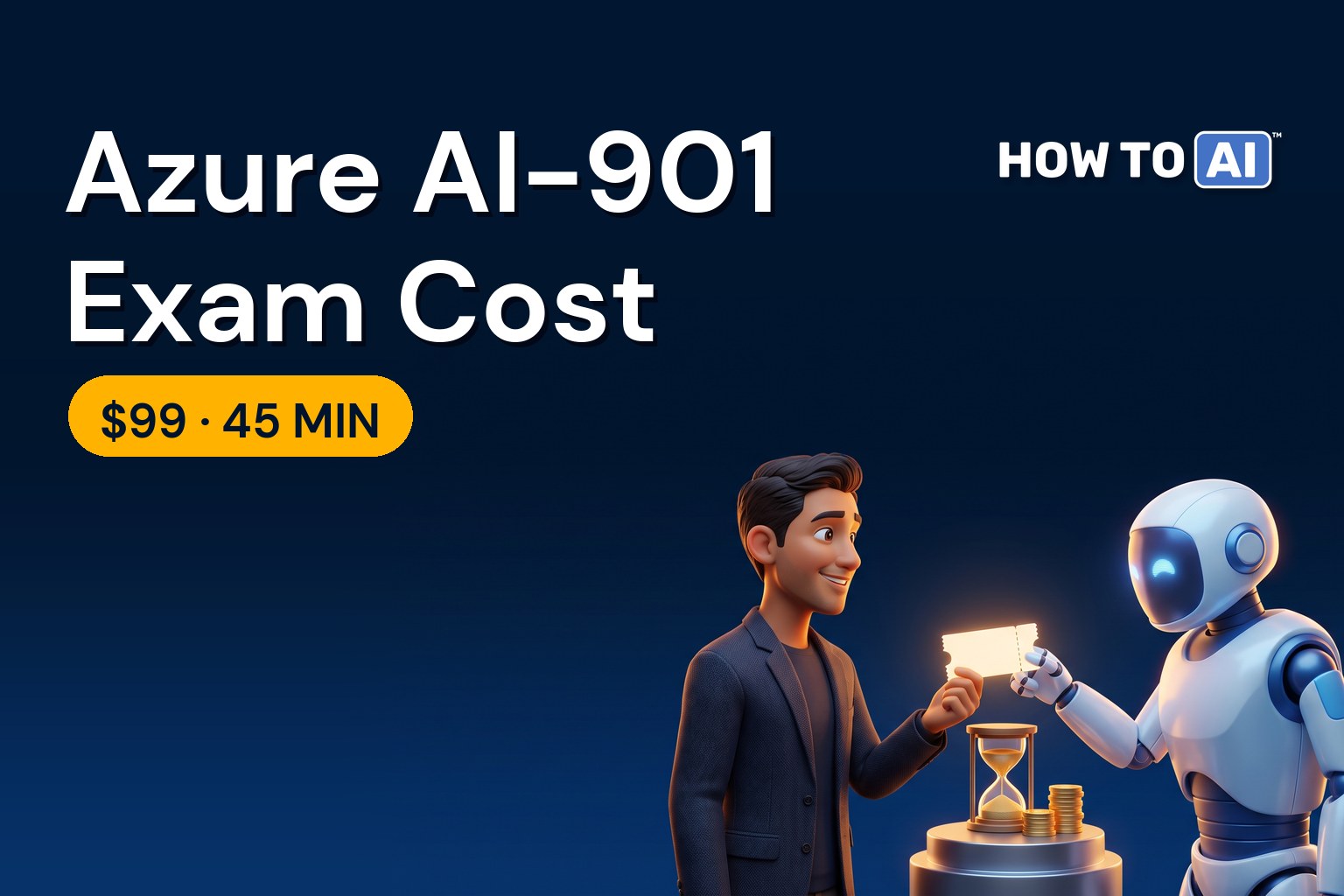 HOW TO AI robot mascot holding a $99 price tag beside a Microsoft Azure AI Fundamentals AI-901 exam badge