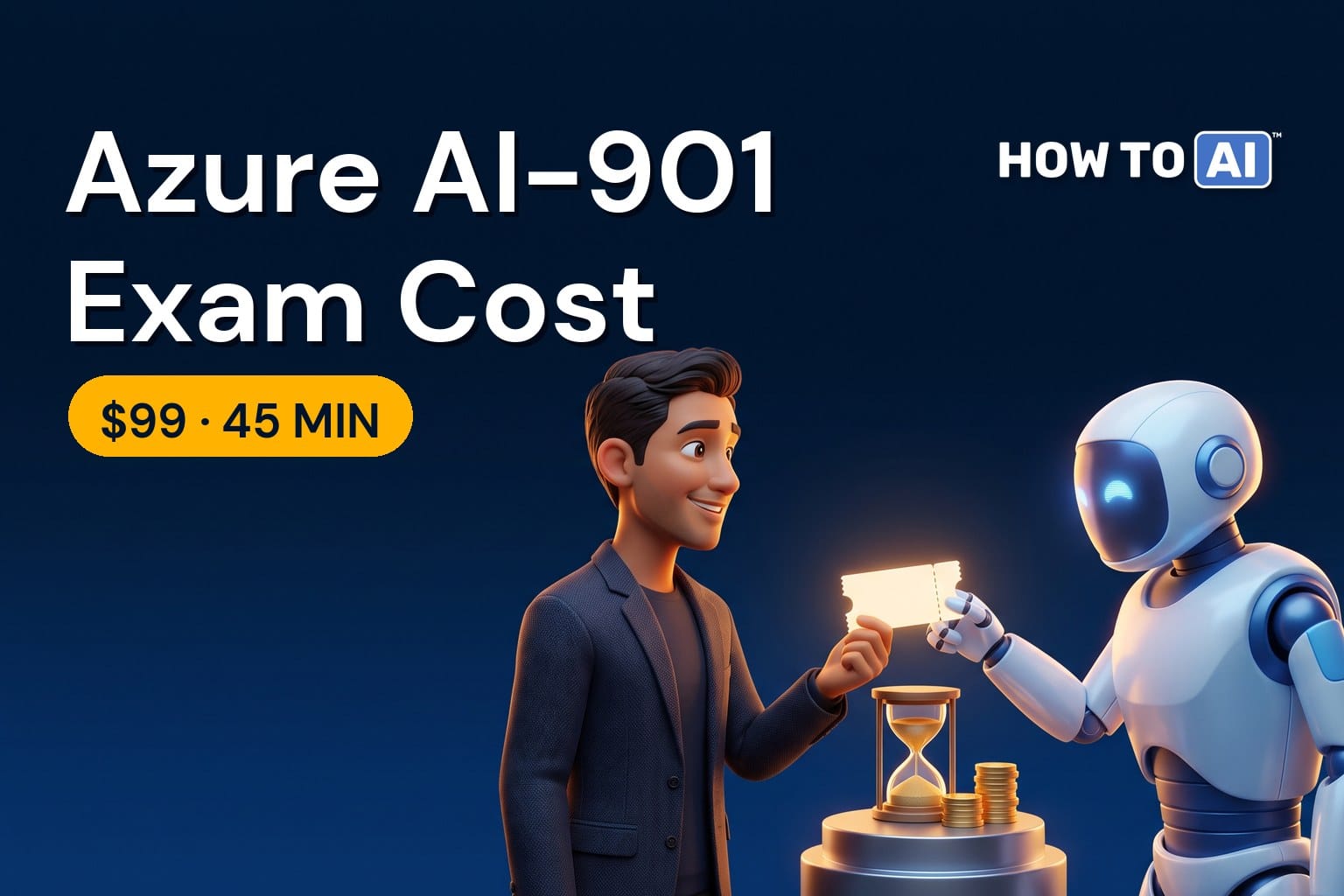 HOW TO AI robot mascot holding a $99 price tag beside a Microsoft Azure AI Fundamentals AI-901 exam badge