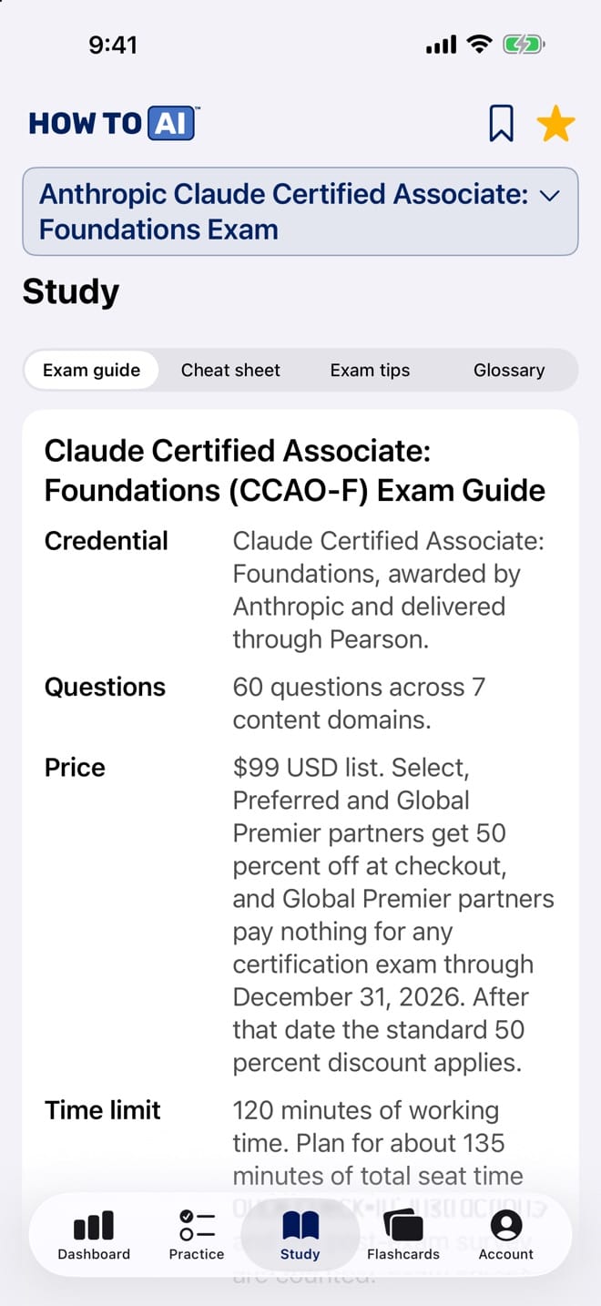 The Claude Certified Associate Foundations study guide open in the HOW TO // AI CERT app on iPhone