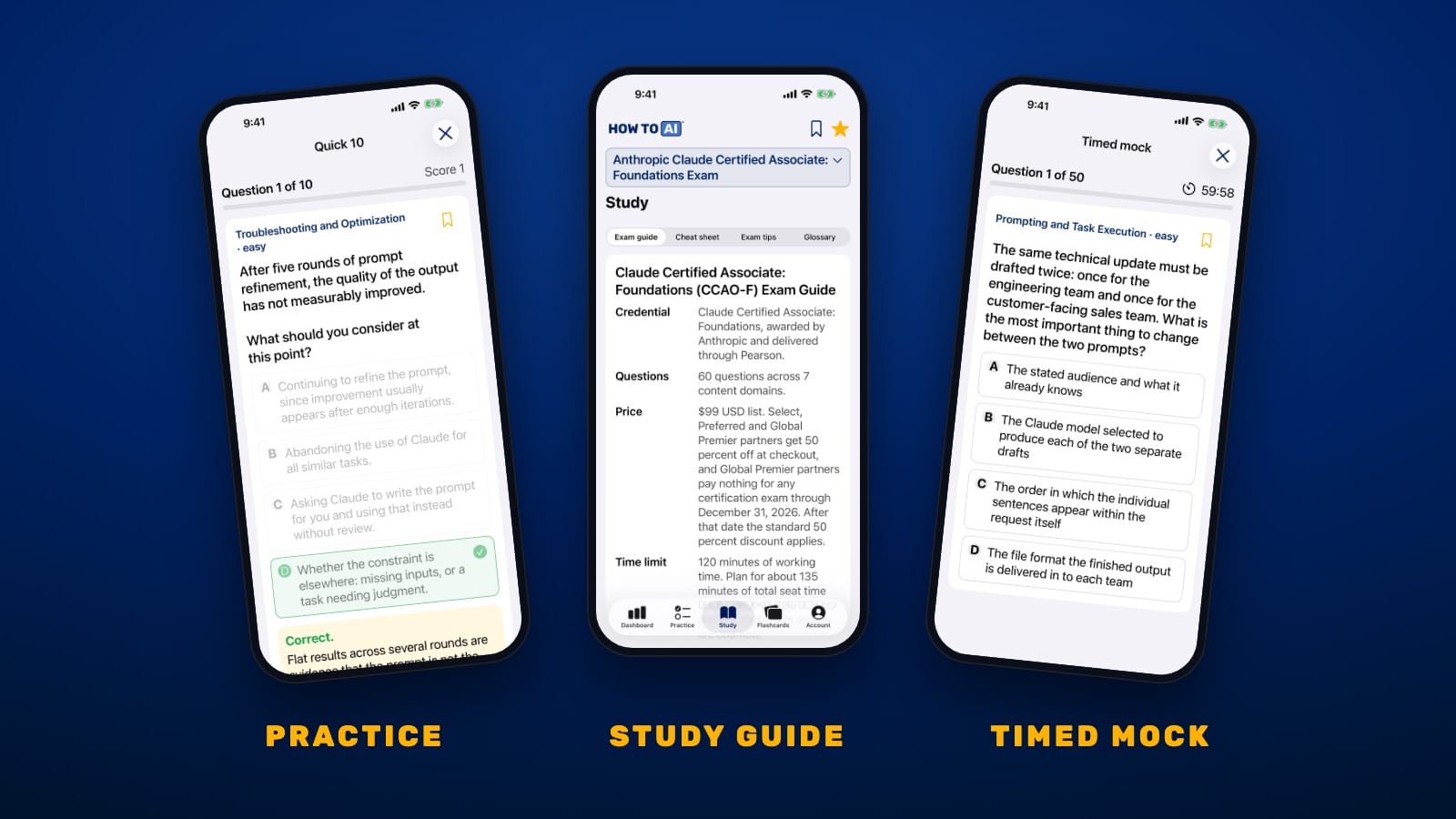 Claude AI Certification: All 4 Anthropic Exams, and Who Can Actually Take Them HOW TO // AI CERT on iPhone showing a Claude Certified Associate Foundations practice question, the study guide, and a timed mock exam