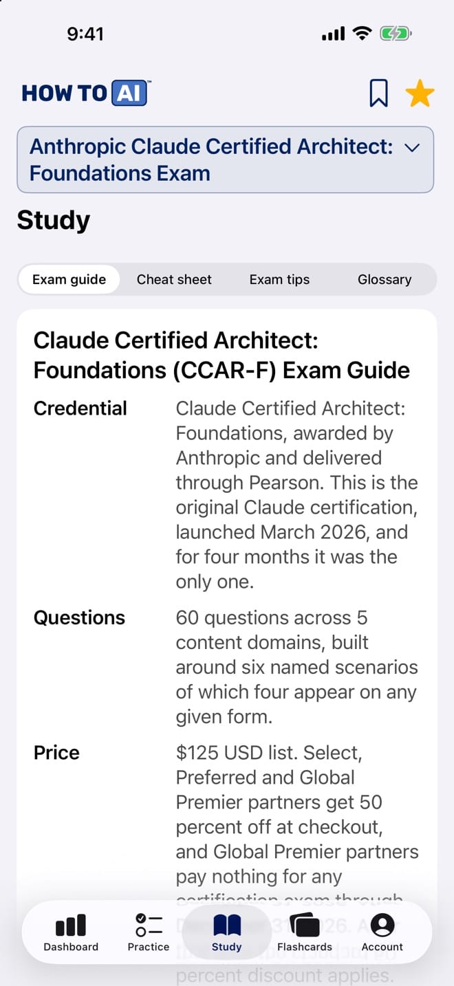 The Claude Certified Architect Foundations study guide open in the HOW TO // AI CERT app on iPhone