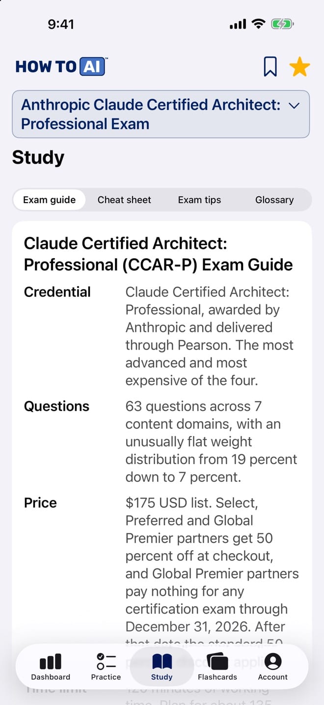 The Claude Certified Architect Professional study guide open in the HOW TO // AI CERT app on iPhone
