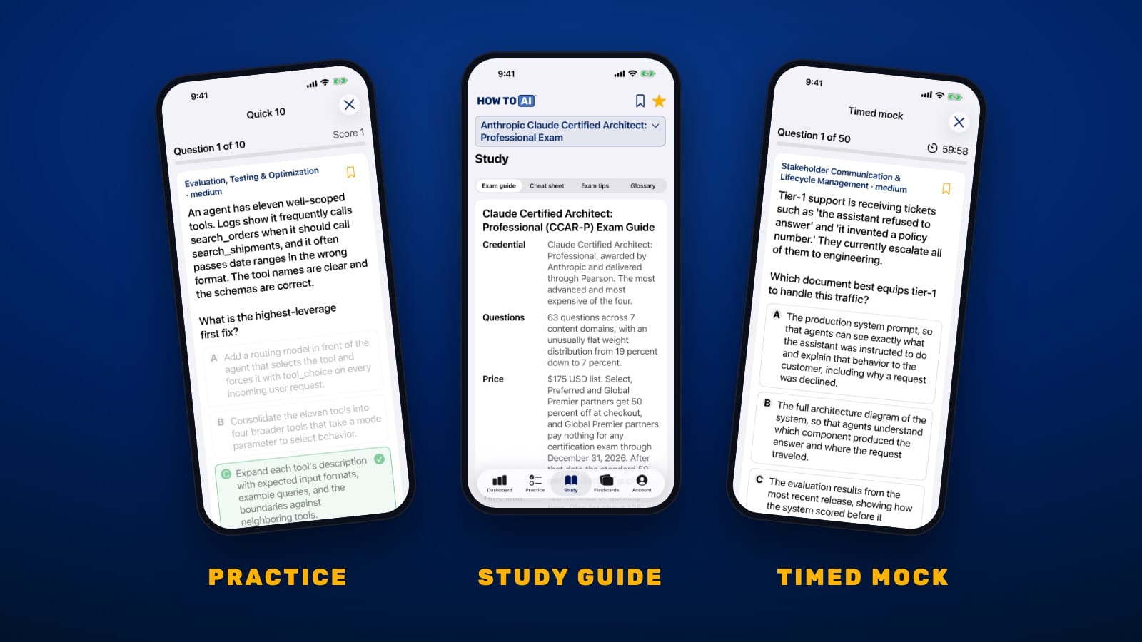 HOW TO // AI CERT on iPhone showing a Claude Certified Architect Professional practice question, the study guide, and a timed mock exam
