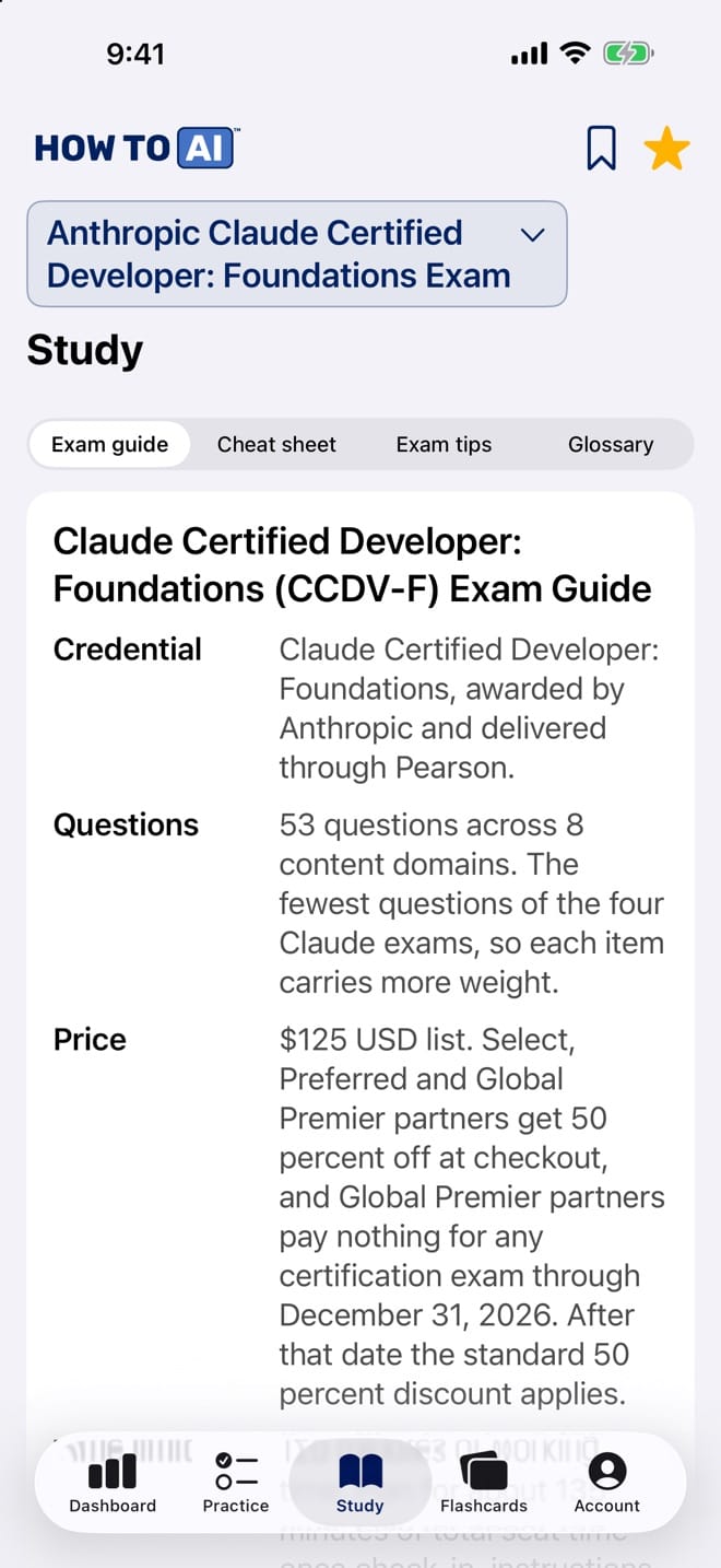 The Claude Certified Developer Foundations study guide open in the HOW TO // AI CERT app on iPhone