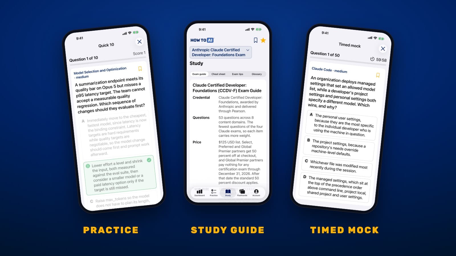 HOW TO // AI CERT on iPhone showing a Claude Certified Developer Foundations practice question, the study guide, and a timed mock exam