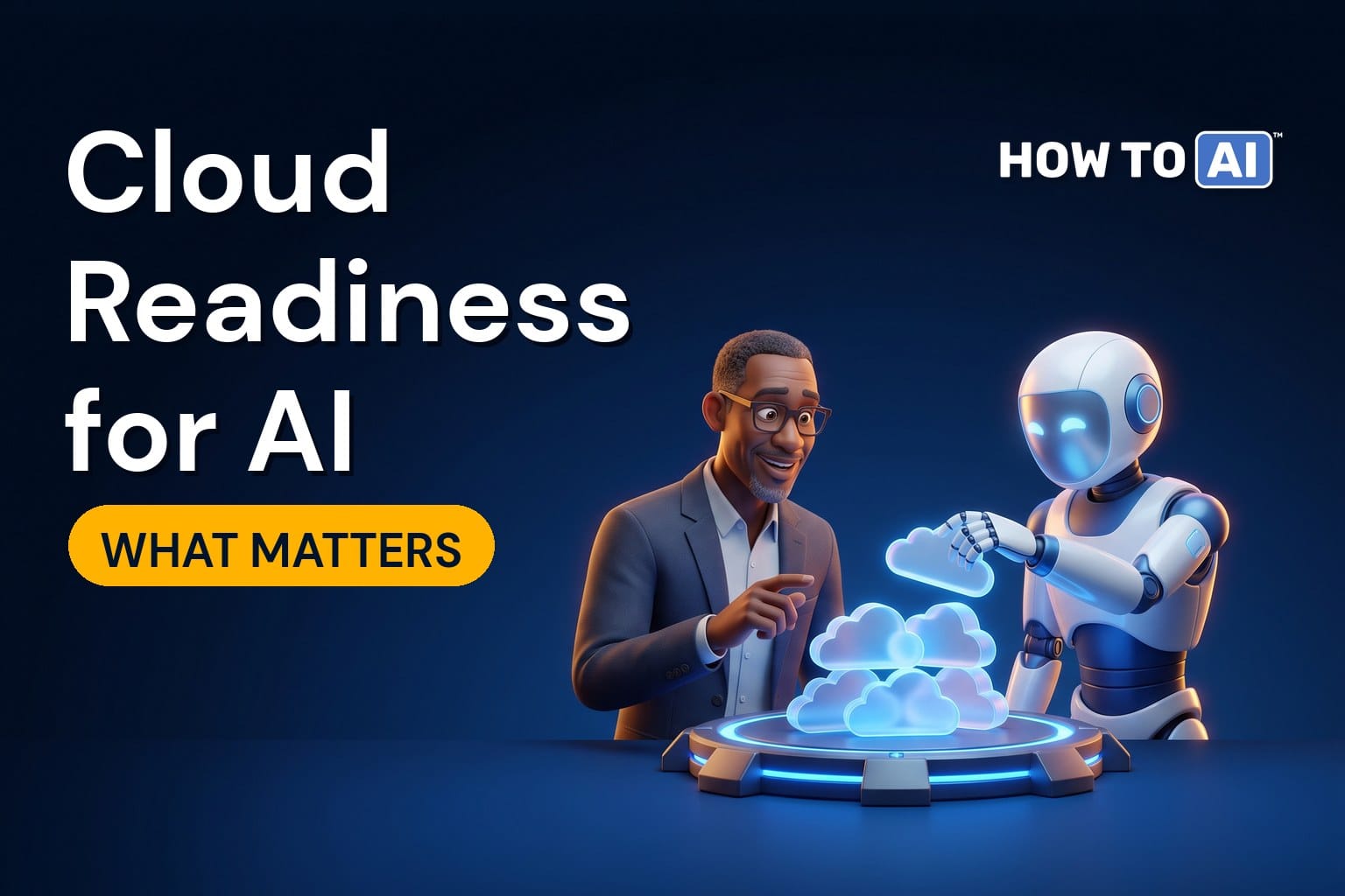 A middle-aged Black man engineer and a friendly robot assistant stacking glowing cloud-shaped building blocks onto a sturdy glowing landing pad